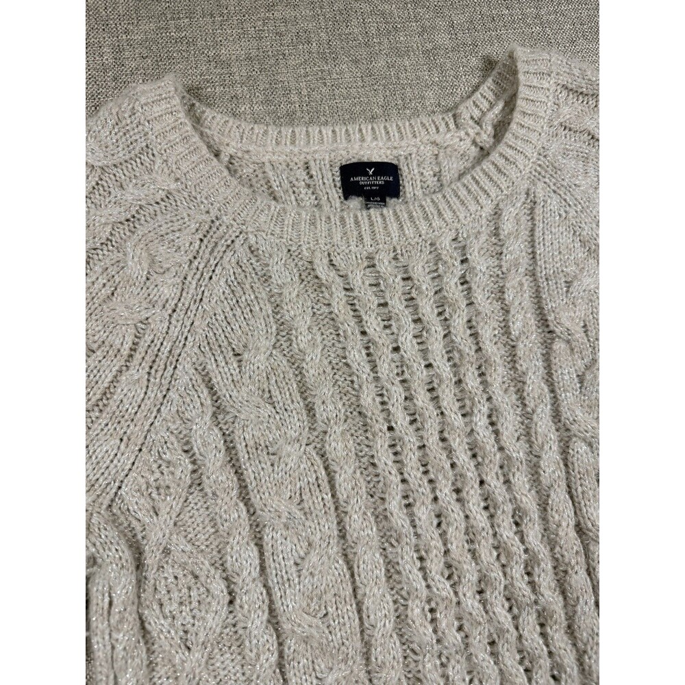 American Eagle Women’s Large Y2K Grey Cable Knit Sweater Scoop Neck Metallic